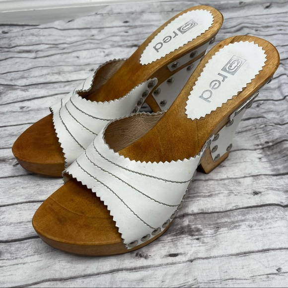 ECKO RED White Leather Wood Block Wedge Heels - Picture 5 of 7